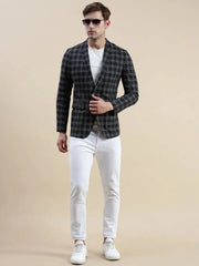 Men Black Checked Notched Lapel Blazer-SOBLZ-31-3-Black