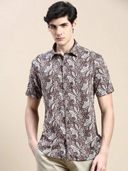 Men Brown Printed Casual Shirt-GEORGE-1626-Coffeebrown