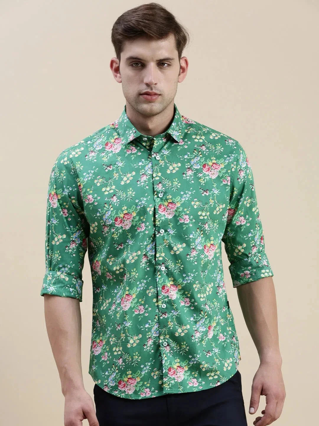 Green Floral Mens Shirt - Printed Cotton Shirt by DesiQlo