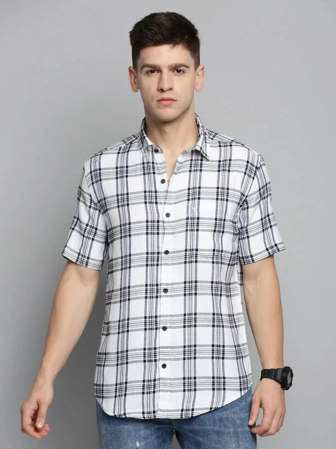 Mens White Checked Cotton Shirt | Casual & Stylish