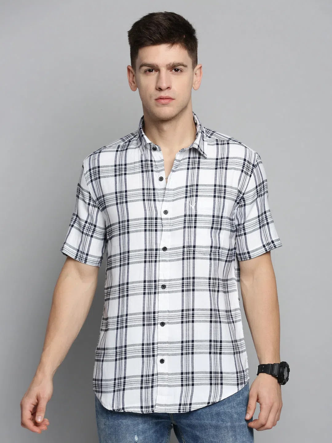 Mens White Checked Cotton Shirt | Casual & Stylish