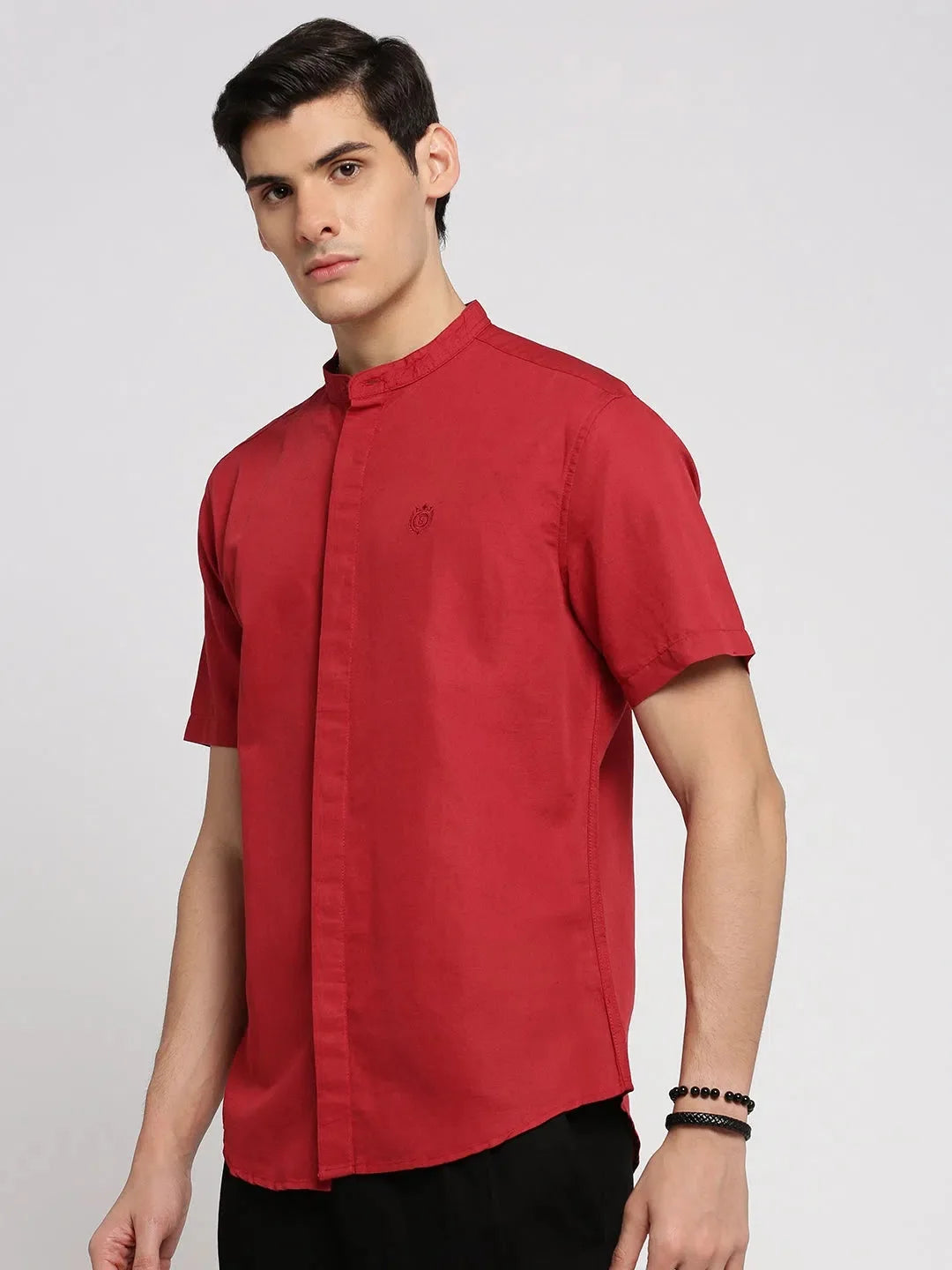 Red Mandarin Collar Mens Shirt | DesiQlo Cotton Shirt