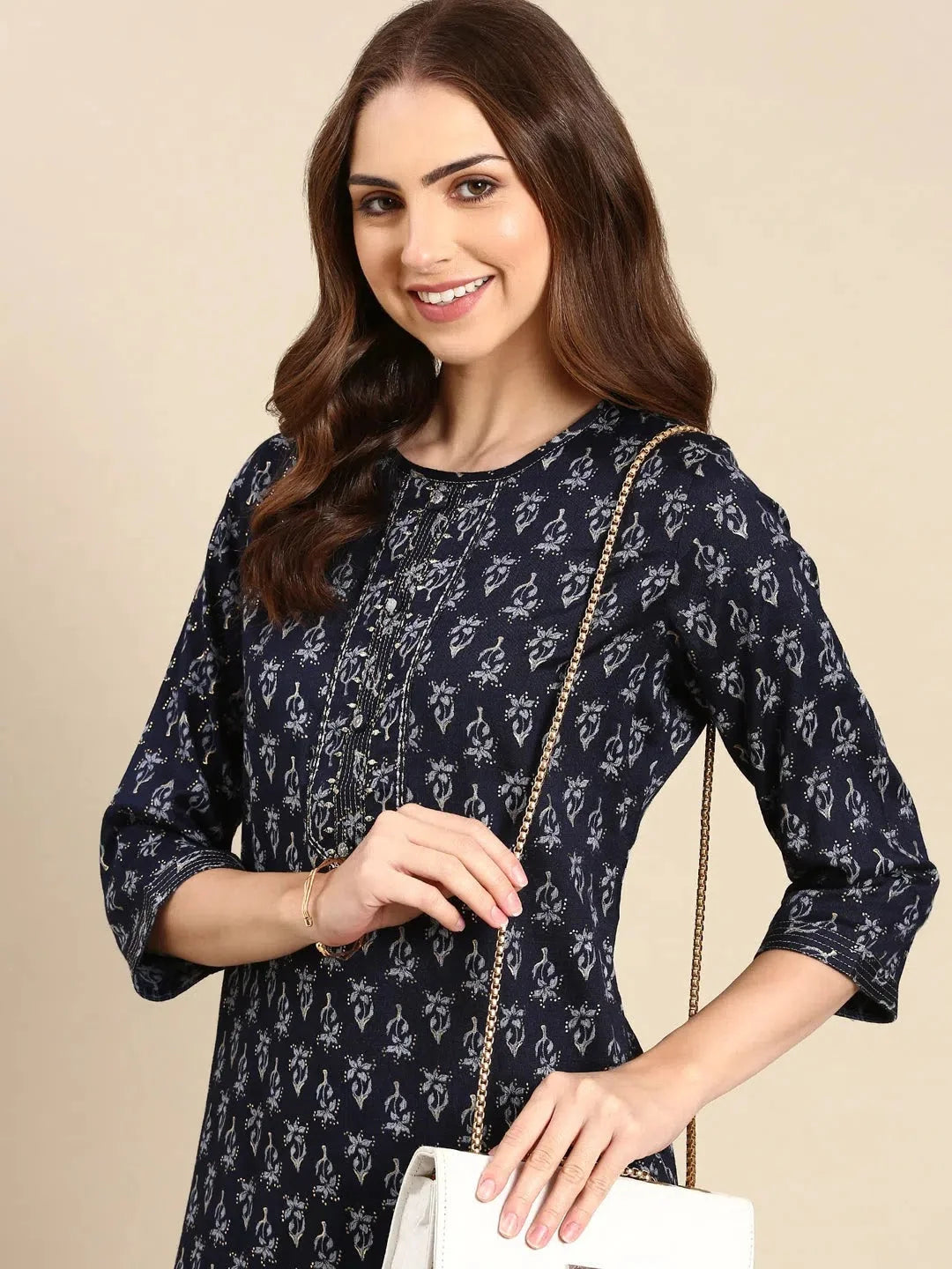 Navy Blue Printed Cotton Kurta - Indian Kurta for Women