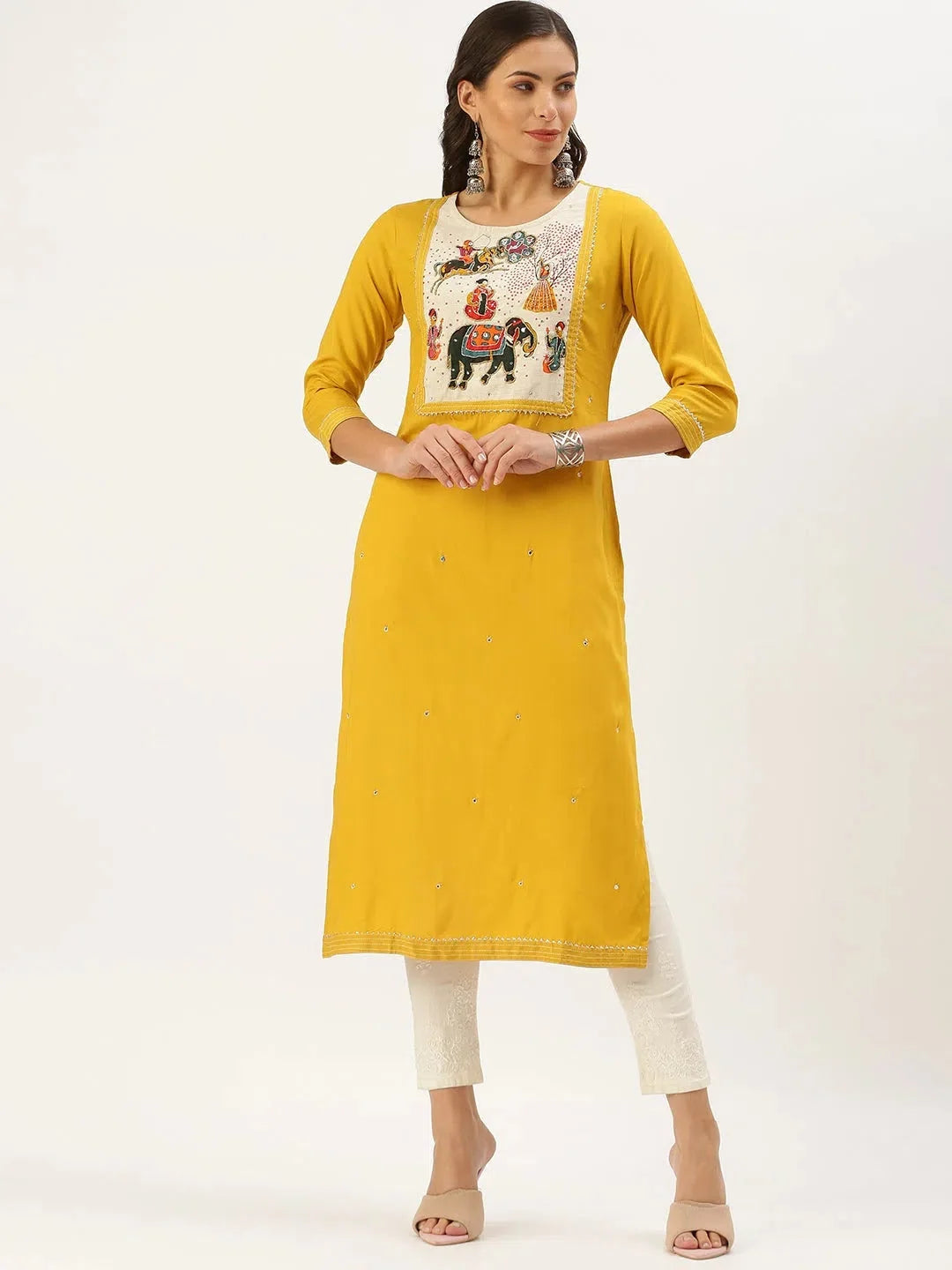 Yellow Cotton Kurta: Embellished Indian Kurta for Women