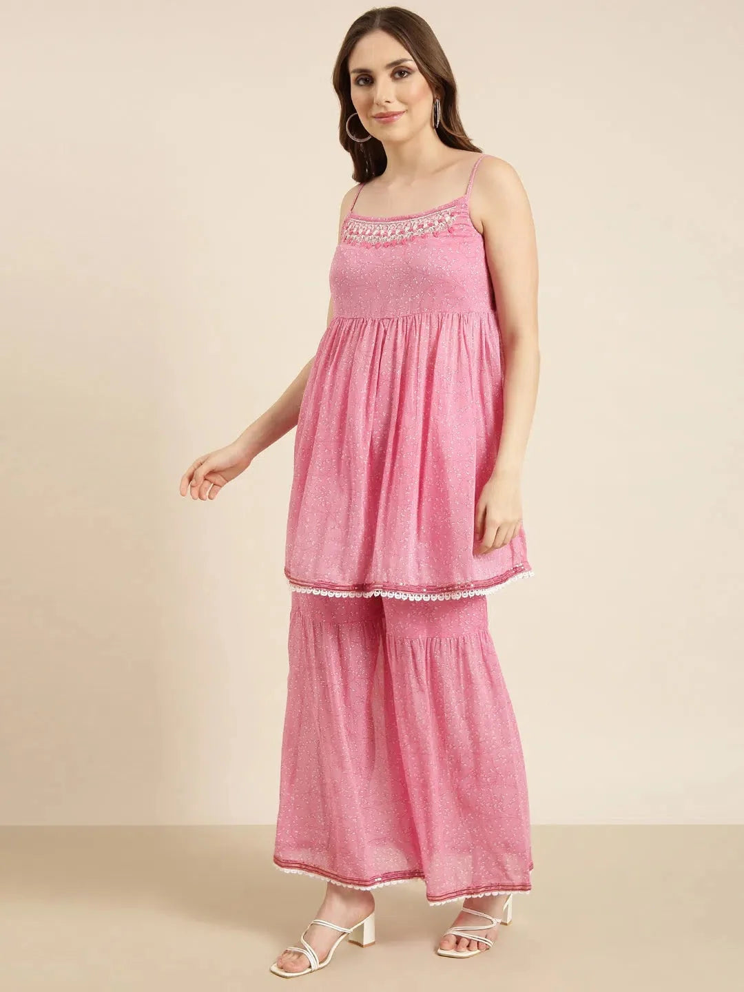 Pink Floral Anarkali Kurta Sharara Set with Potli Bag