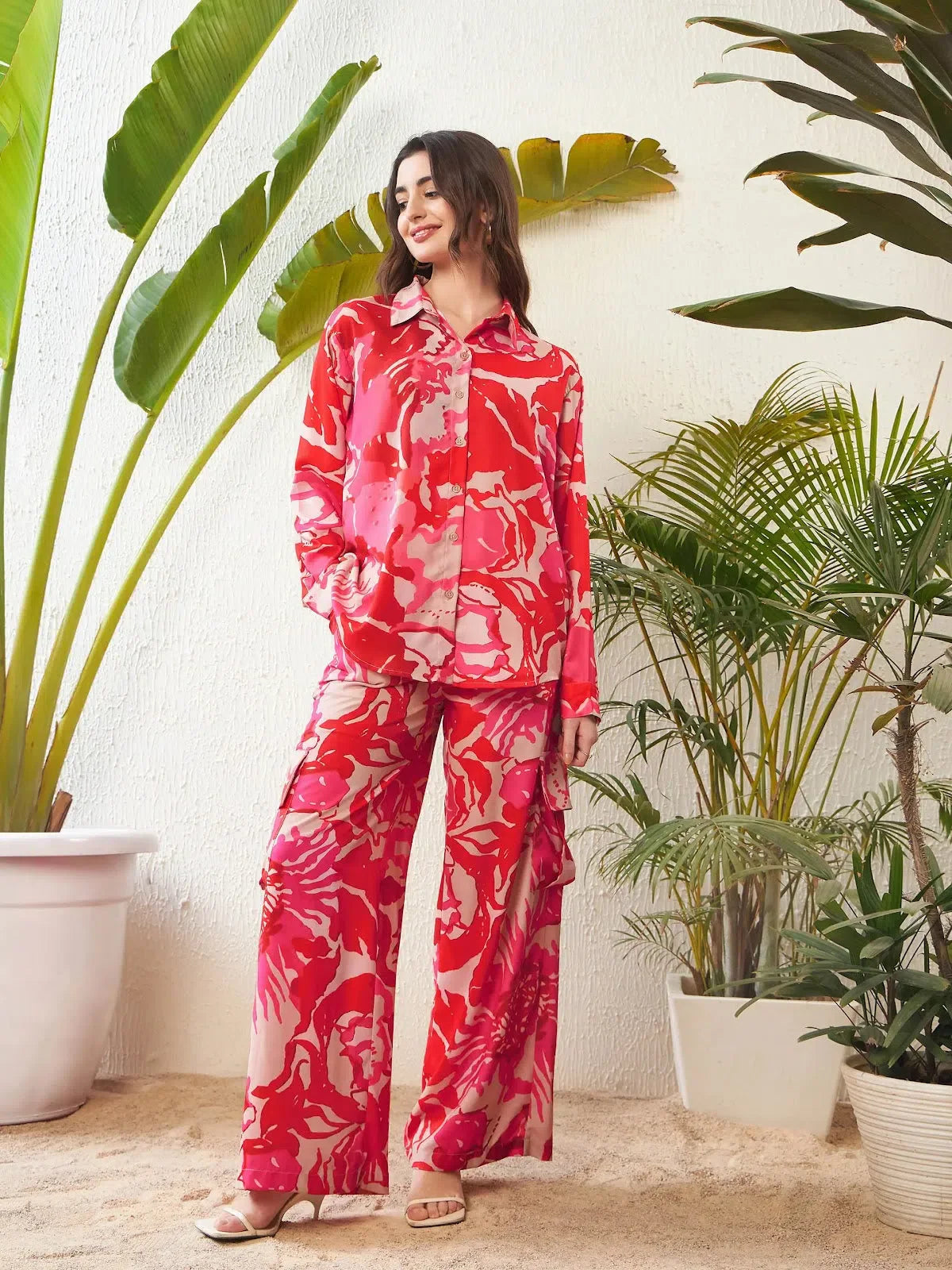 Red Floral Indian Suits - Oversize Shirt & Box Pocket Pants