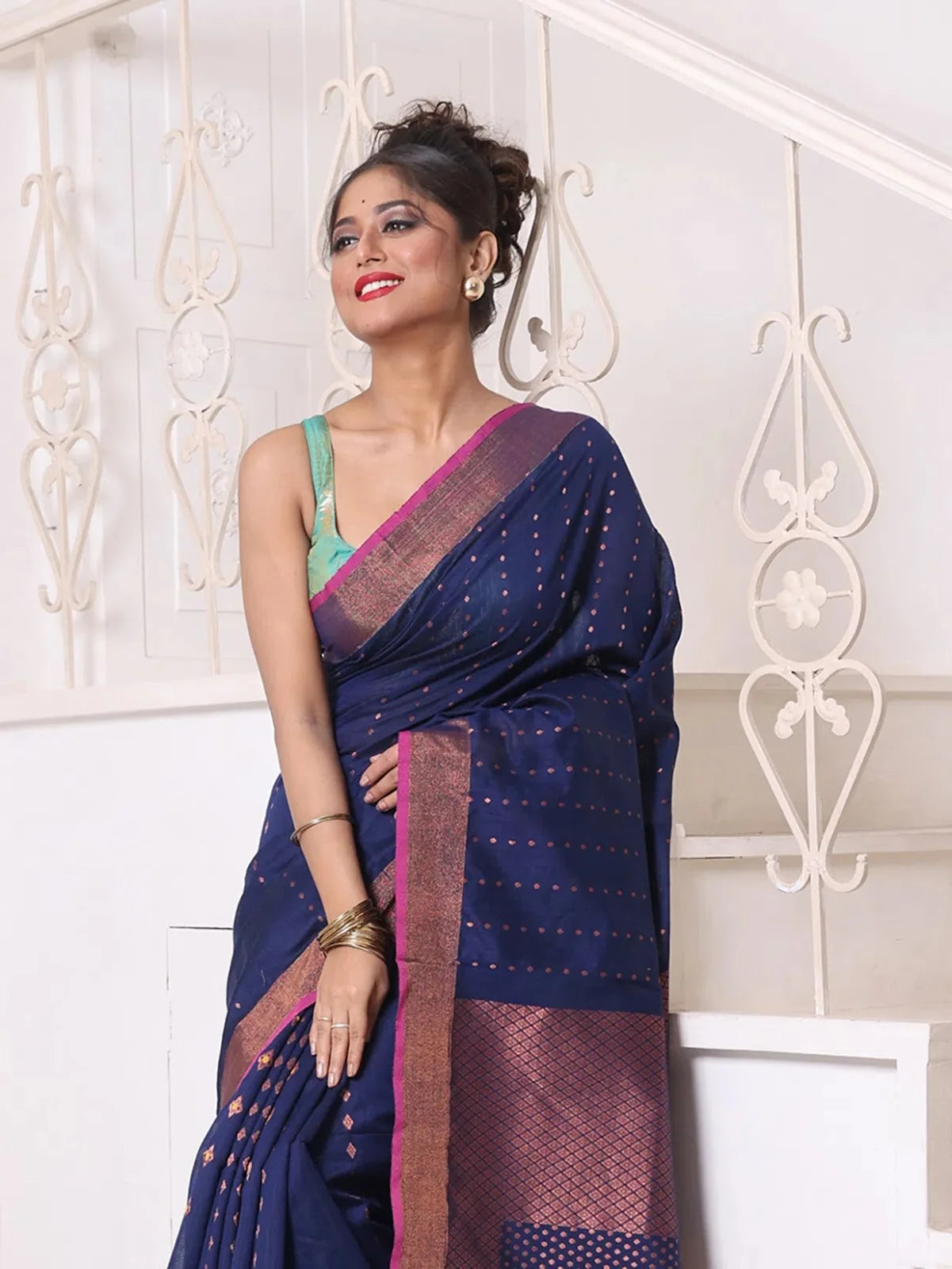Navy Blue Zari Weaving Cotton Saree | Designer Sarees India