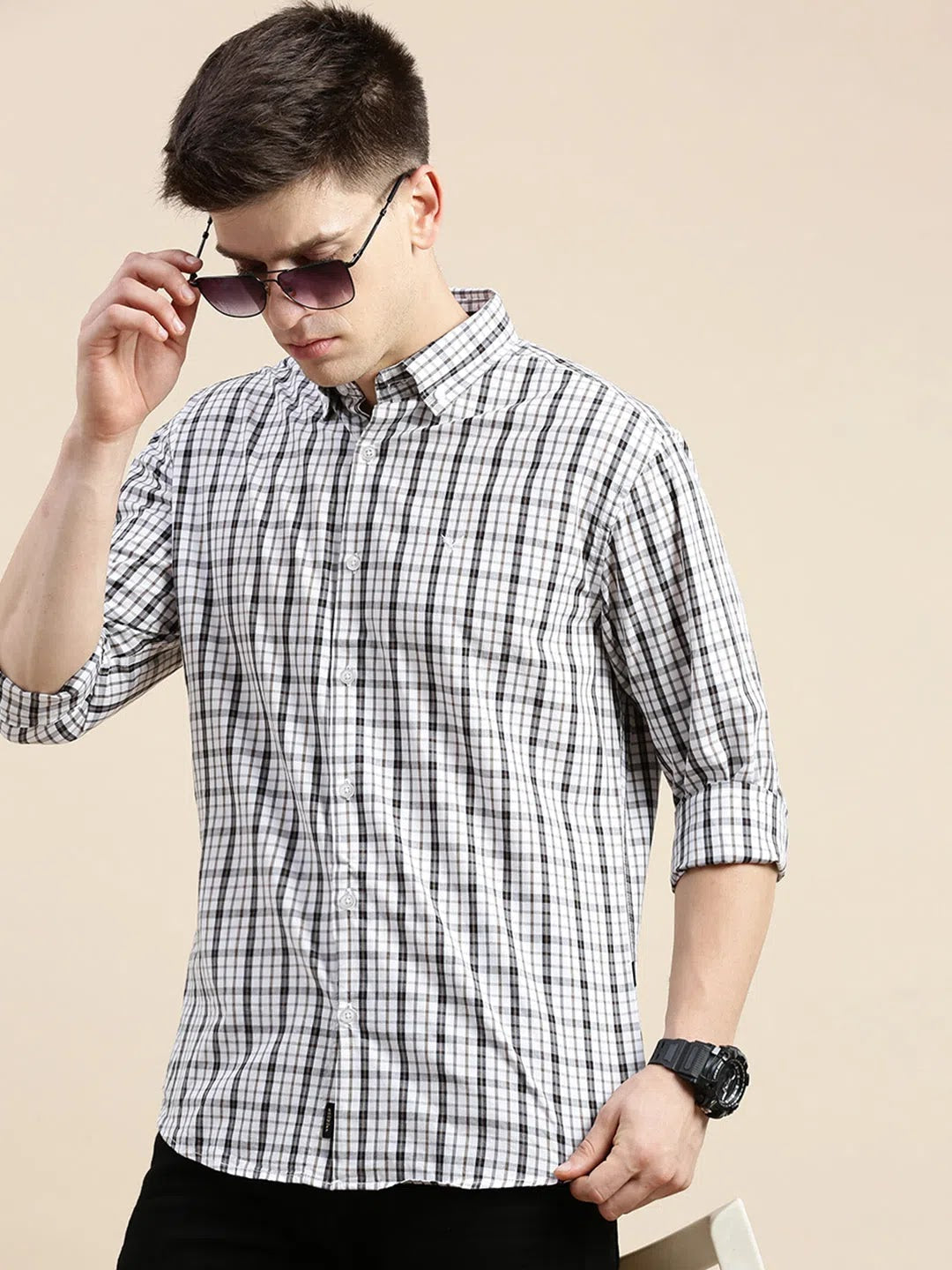 Men White Checked Casual Shirt-GROVER-1112-Offwhite