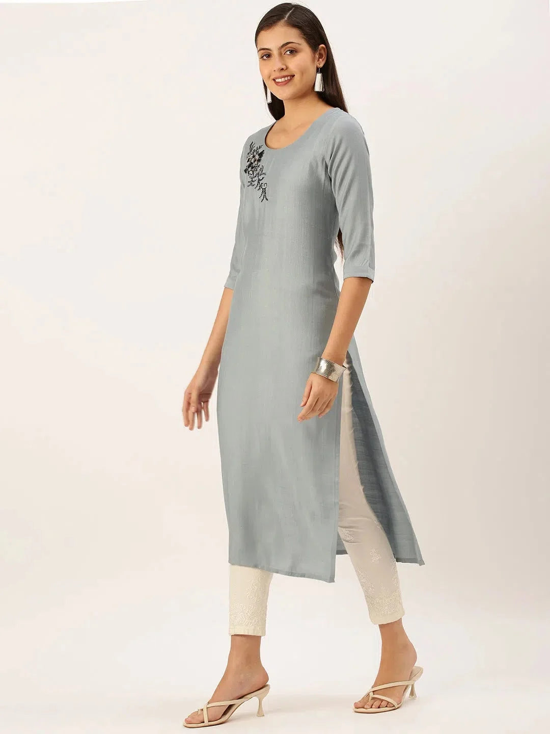 Steel Grey Embellished Indian Kurtas | DesiQlo Women's