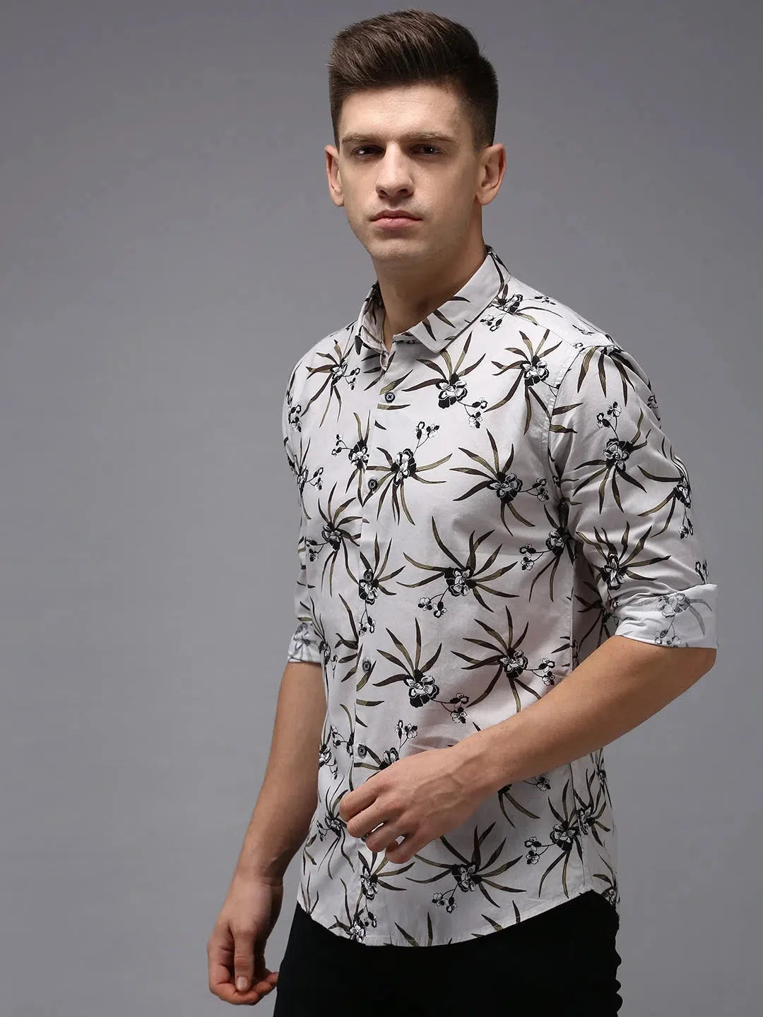 Grey Printed Cotton Mens Shirt | DesiQlo Casual Style