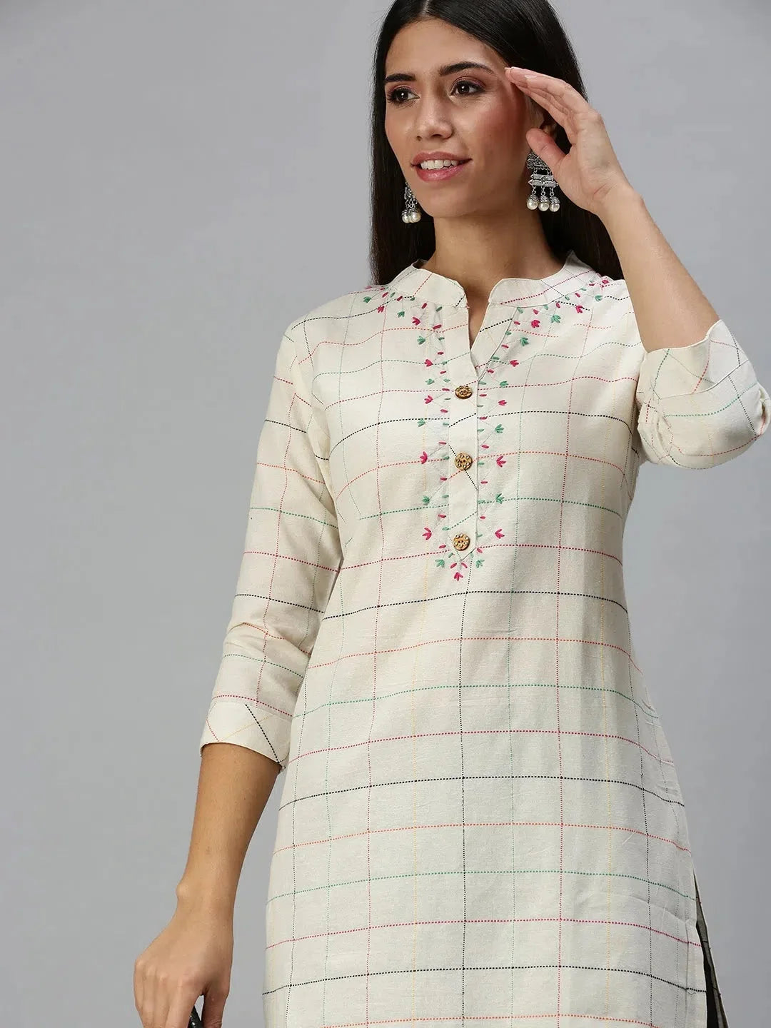 Beige Cotton Checked Kurta | Women's Casual Indian Kurtas