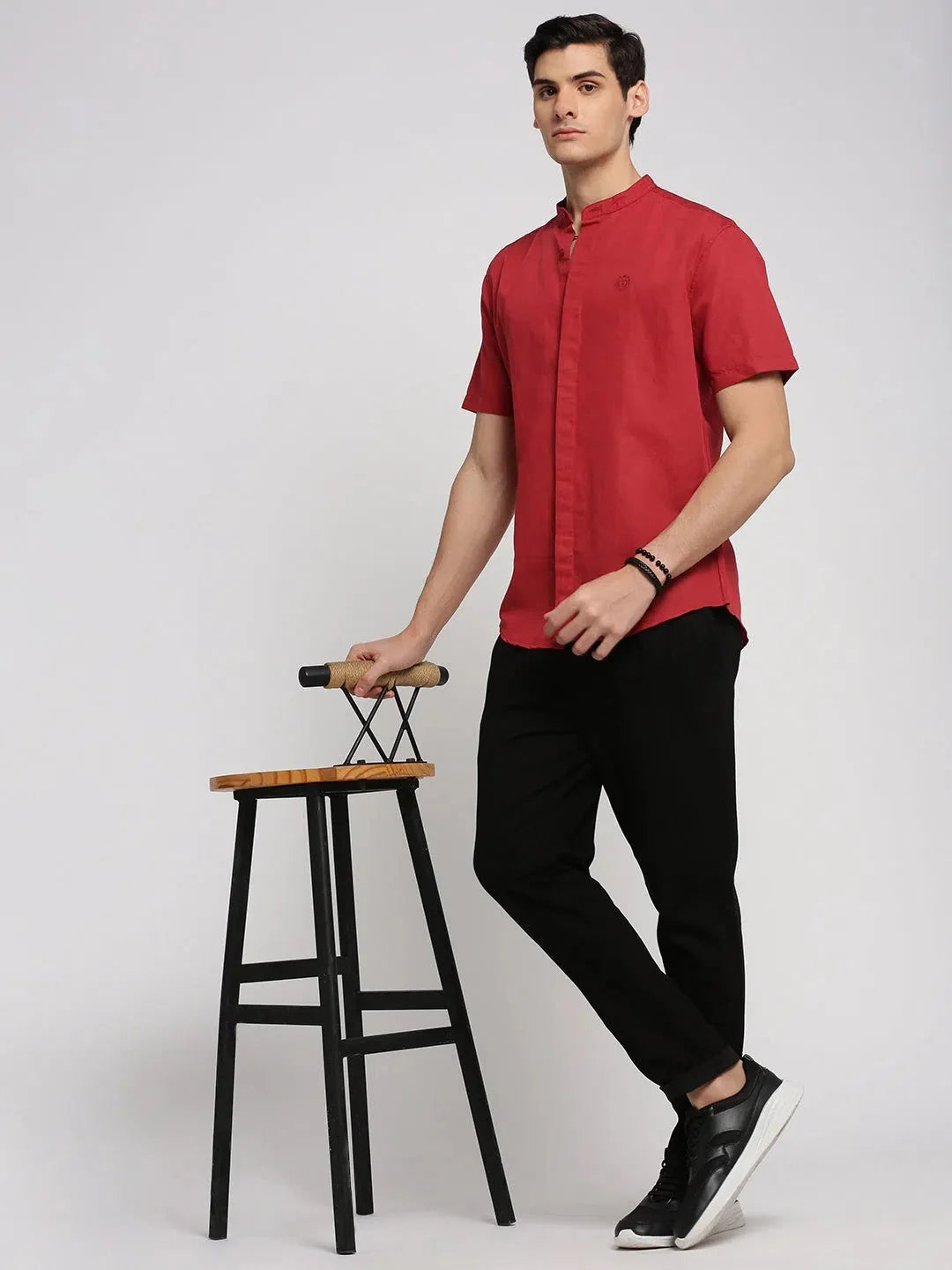 Red Mandarin Collar Mens Shirt | DesiQlo Cotton Shirt