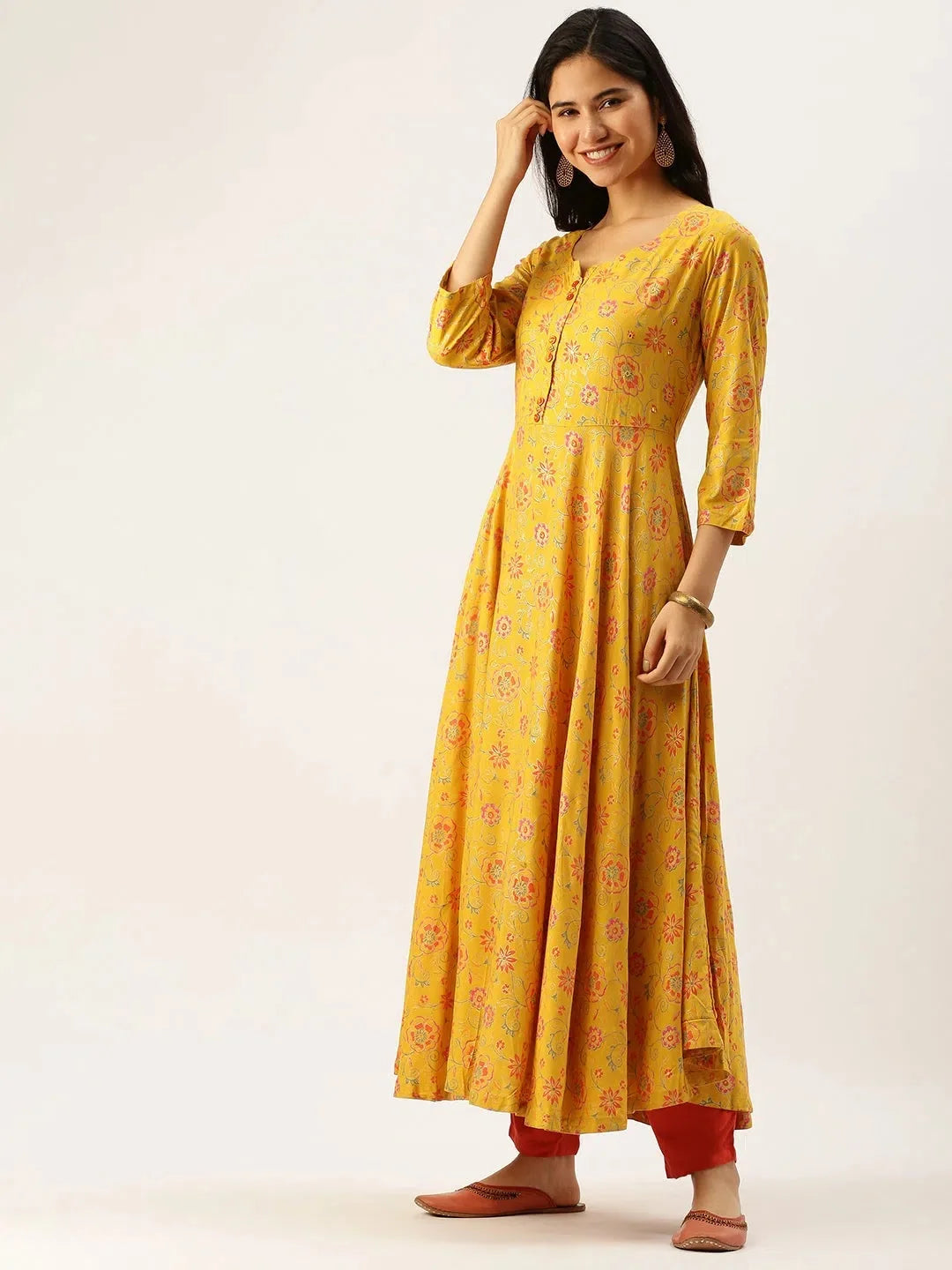 Yellow Printed Anarkali Kurta for Women - DesiQlo Online