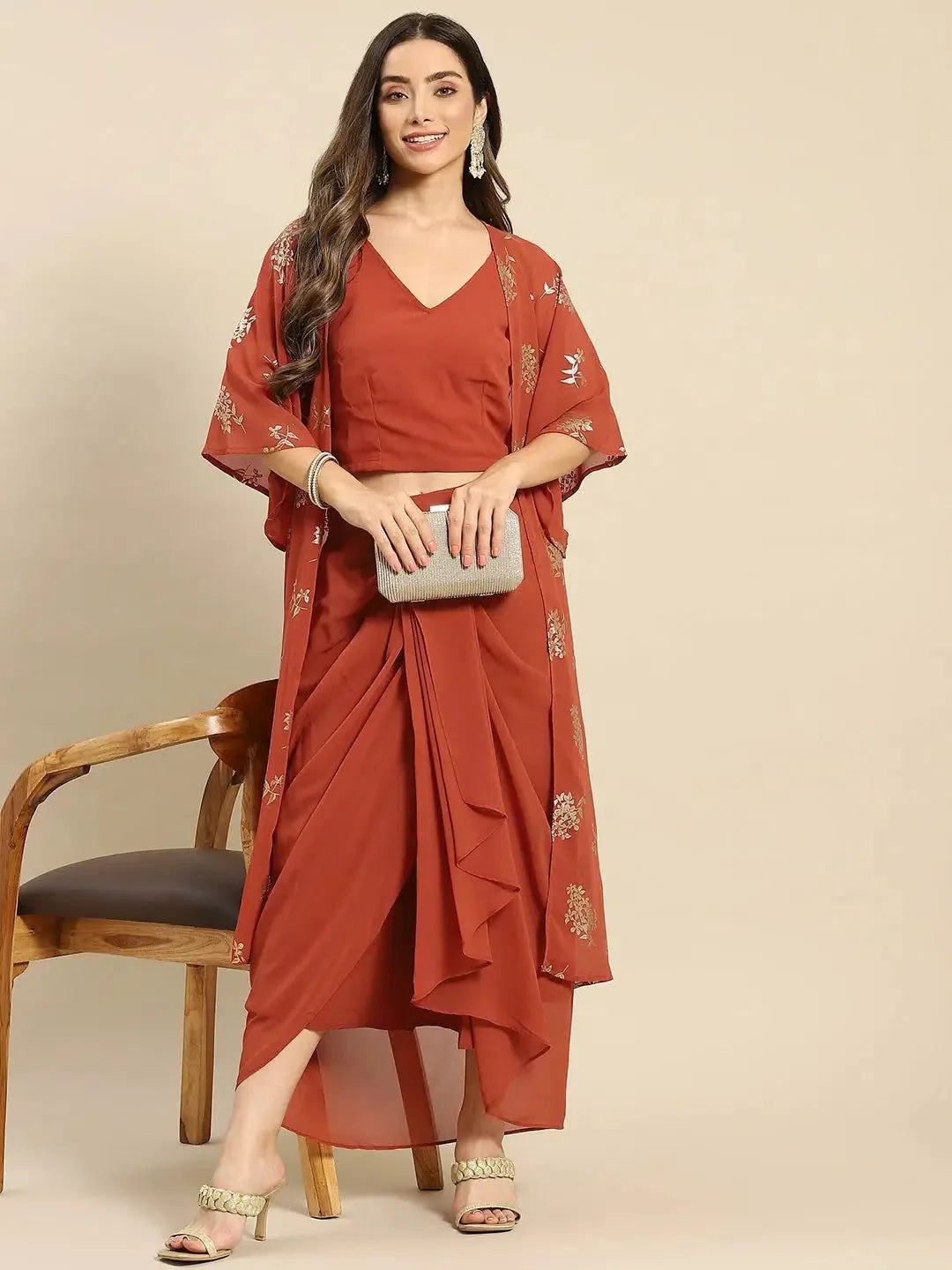 Rust Shrug Set: Crop Top & Skirt - Designer Lehenga for Women