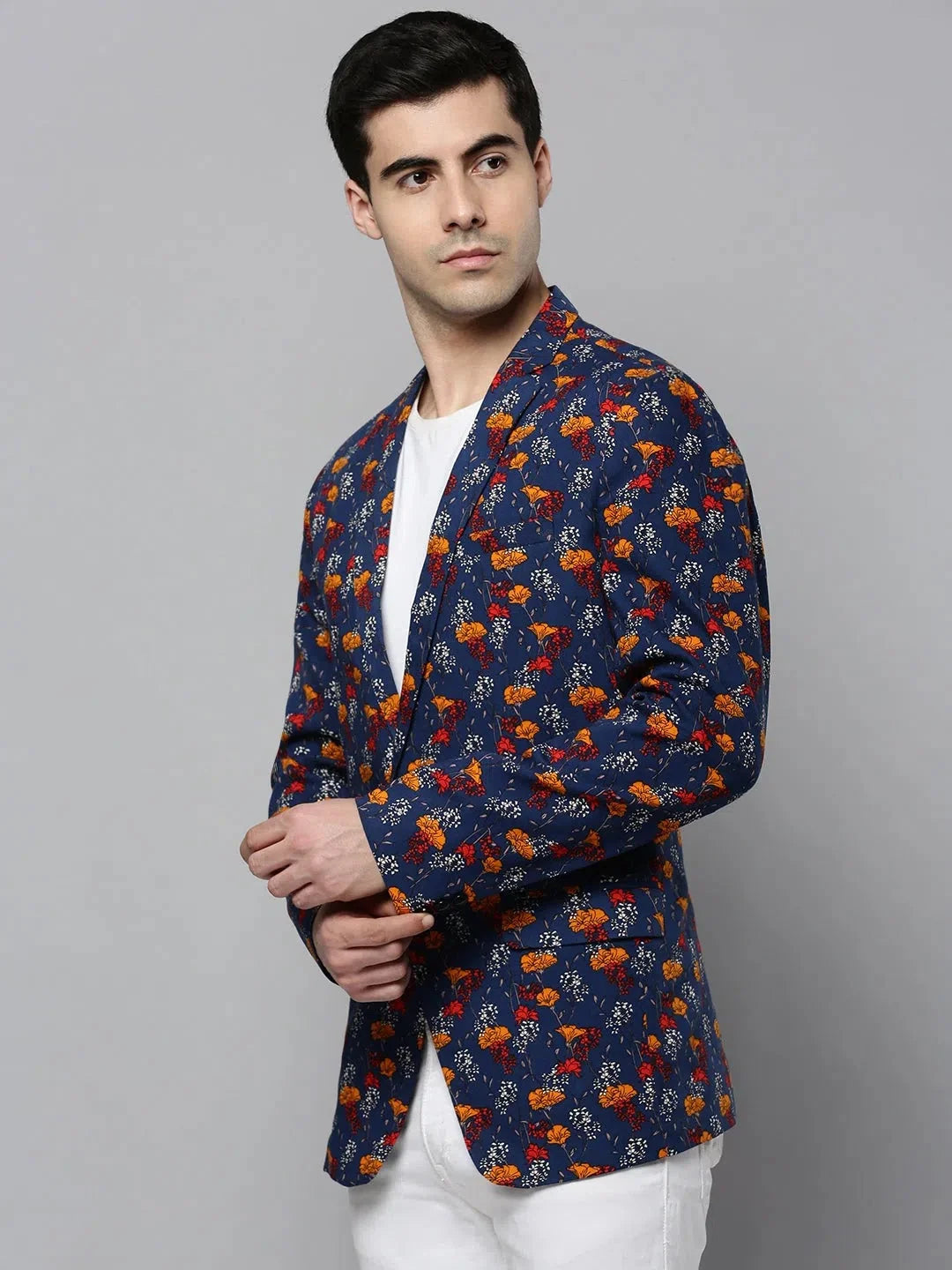 Men's Blue Printed Cotton Blazer | Modern Ethnic Nehru Jacket
