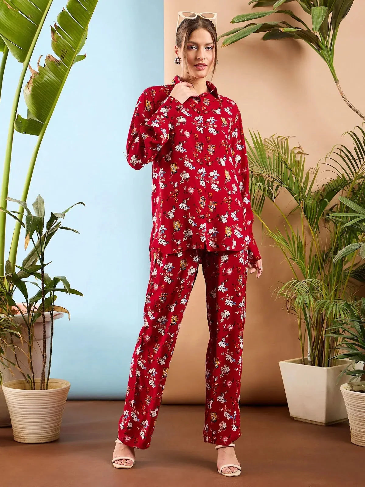 Red Floral Co Ord Sets For Women: Rayon Shirt & Pants Set