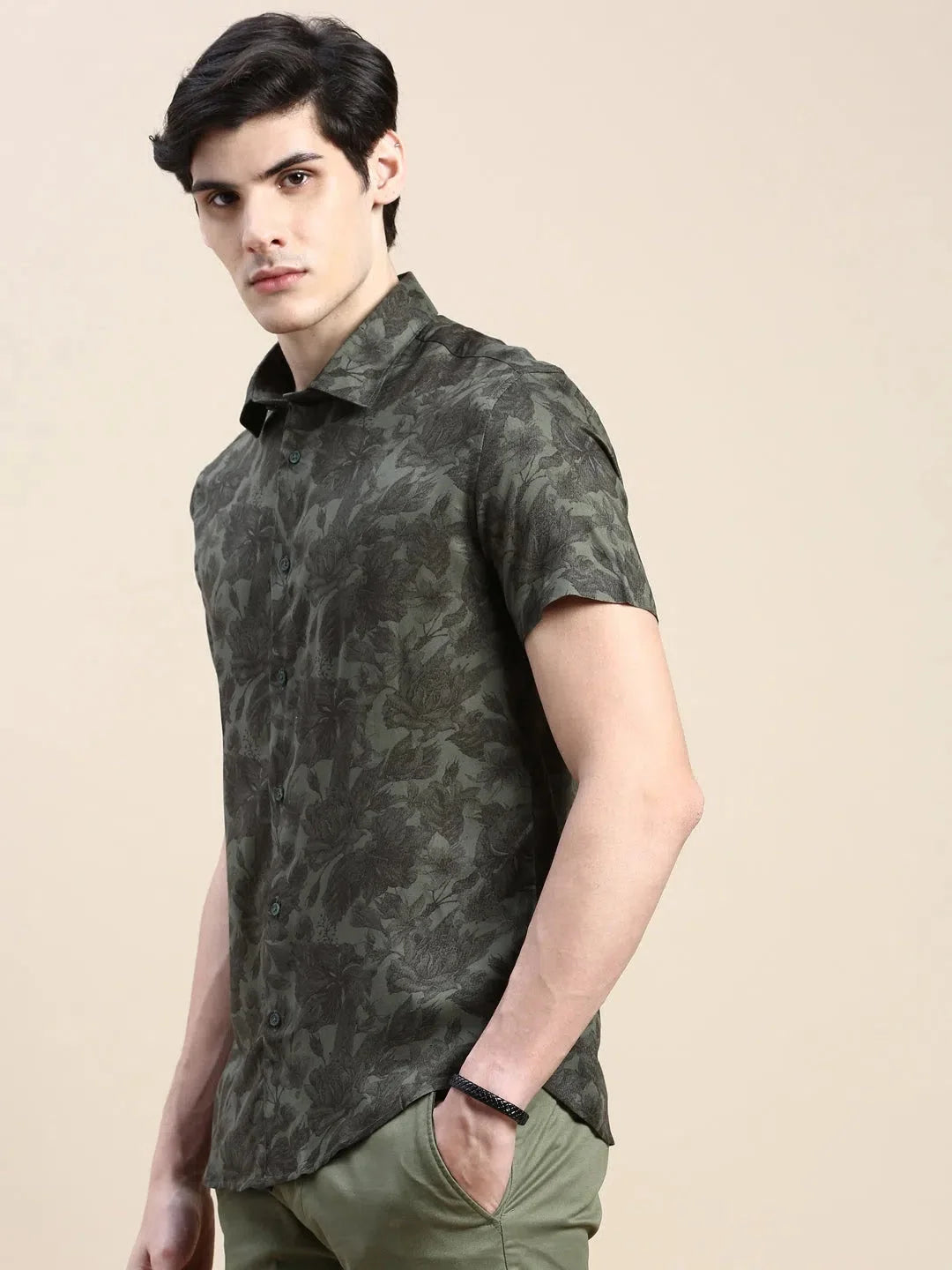 Green Floral Printed Cotton Shirt | DesiQlo Mens Shirt