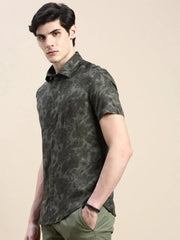 Men Green Floral Casual Shirt-GEORGE-1630-Olive