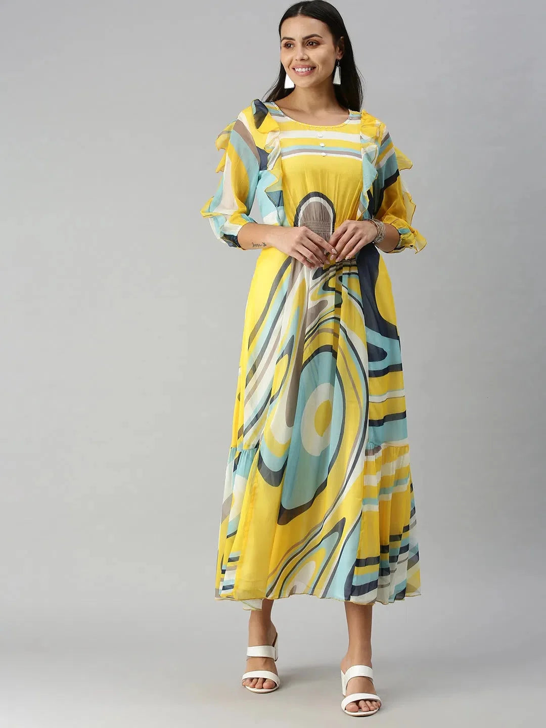 Yellow Graphic Kurta: Modern Indian Kurtis A-Line Style