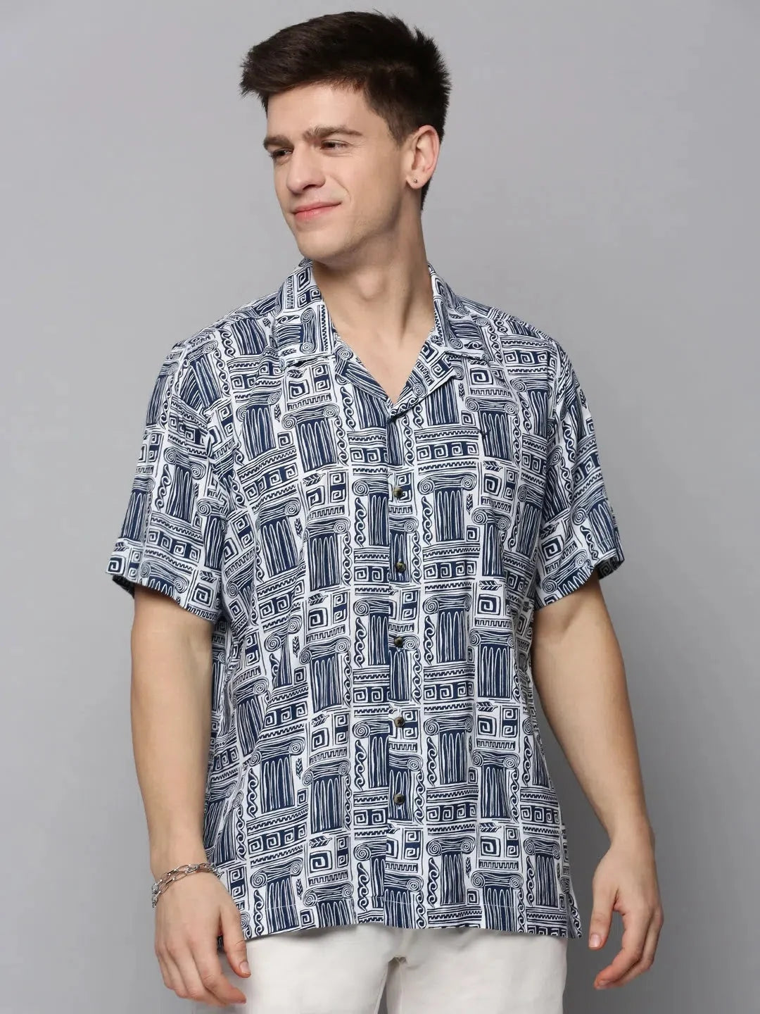 White Printed Mens Shirt - Lightweight Viscose Shirt | DesiQlo