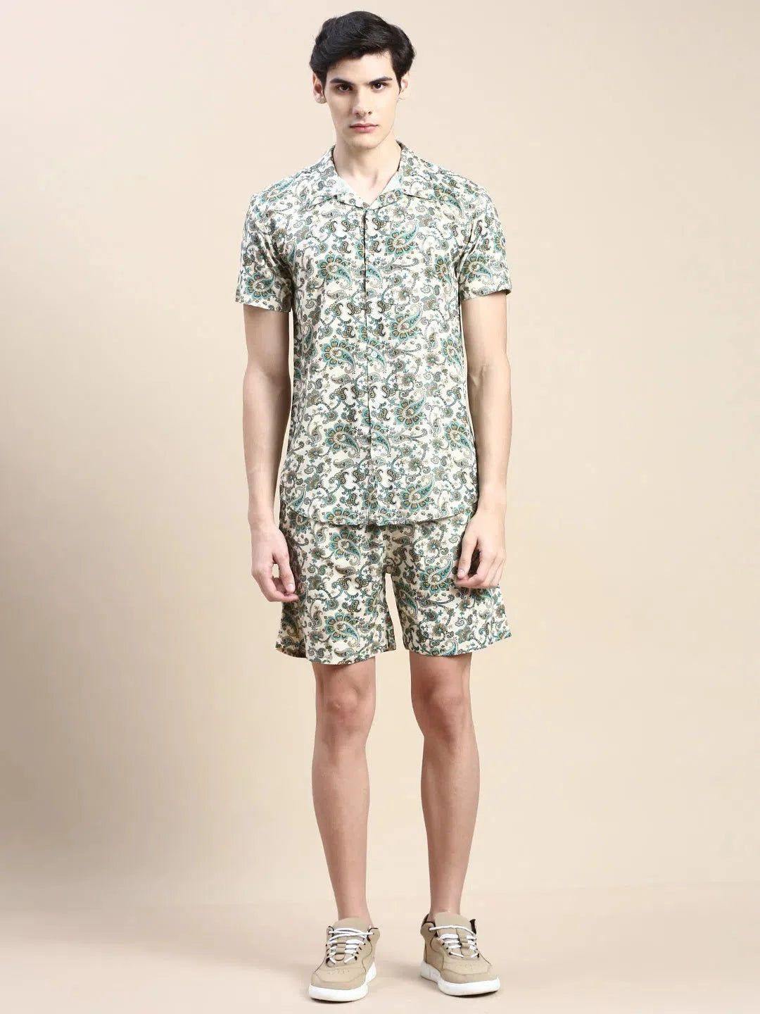 Men's Beige Printed Co ord Set | Casual Co ord Set for Men