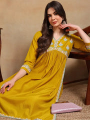 Women Yellow Silk Blend Embroidered A-Line Kurta Pant Set