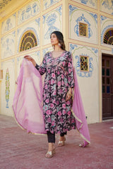 Women Rani Muslin Embroidered Kurta Pant & Dupatta Set
