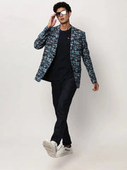 Men Blue Printed Casual Blazers-SOBLZ-082-17-Blue