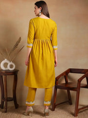 Women Yellow Silk Blend Embroidered A-Line Kurta Pant Set