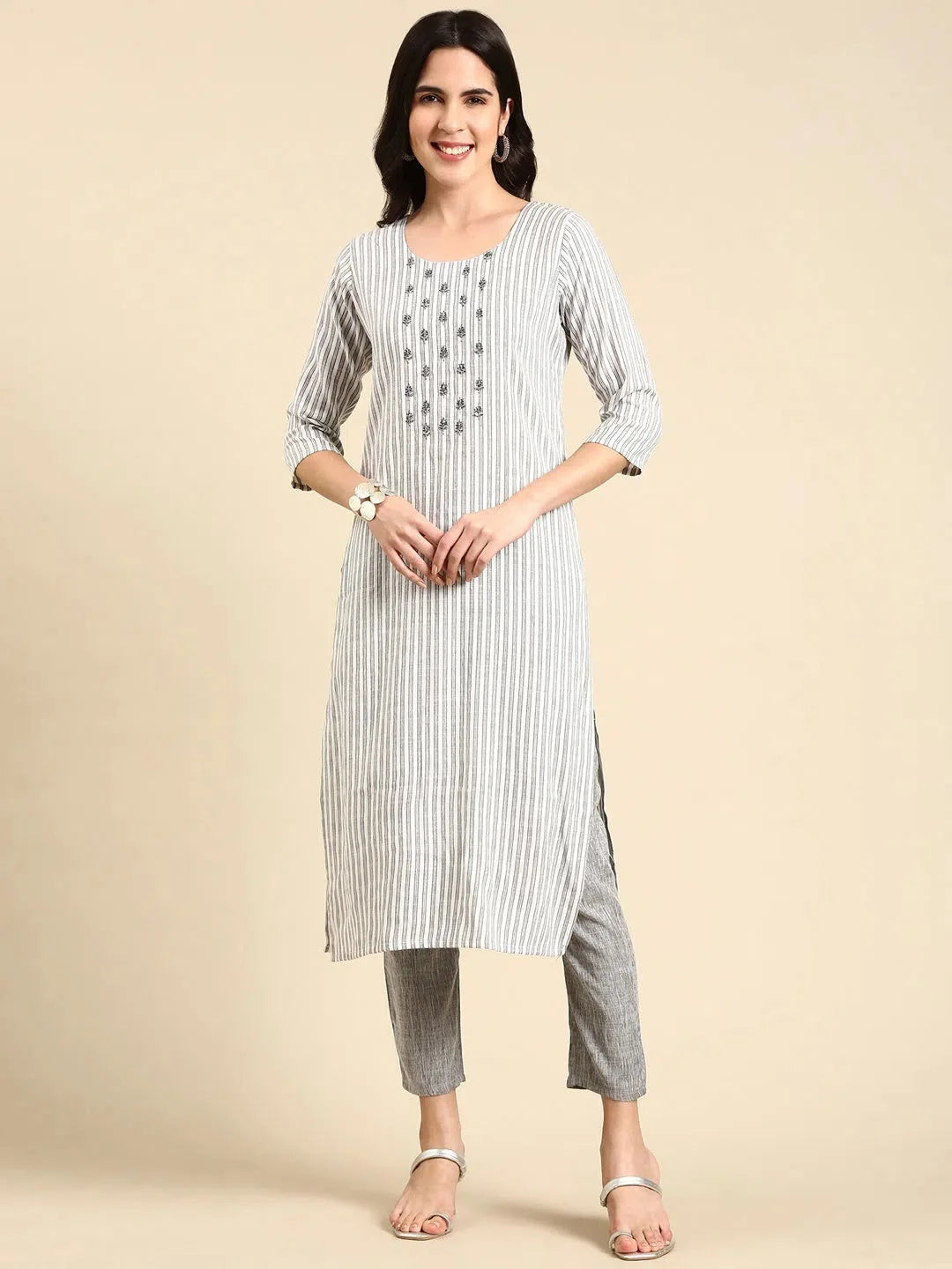 White Striped Cotton Women's Kurta Set | Cotton Kurta Sets