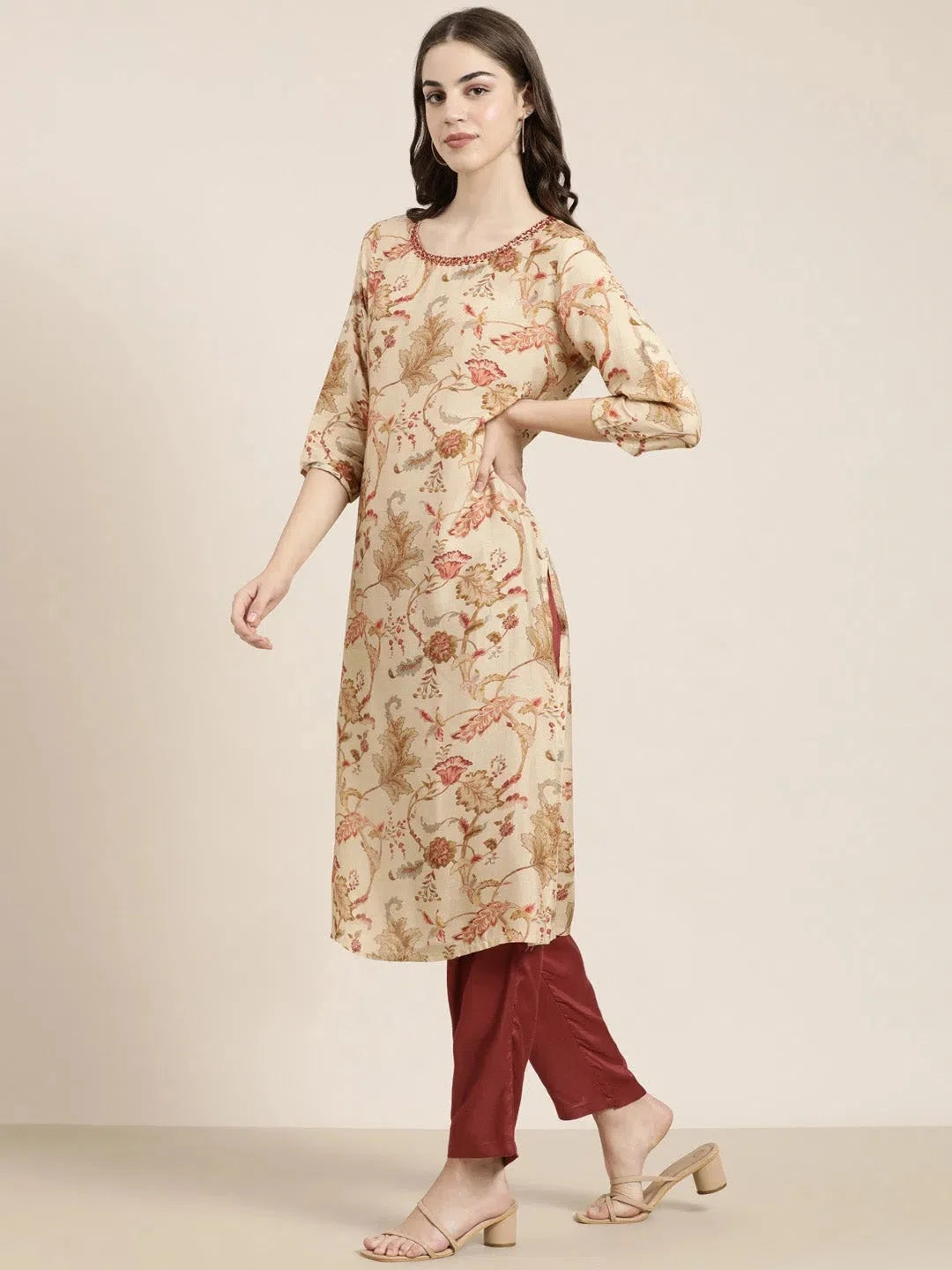 Beige Floral Kurta Set for Women | Indian Kurta Set with Dupatta