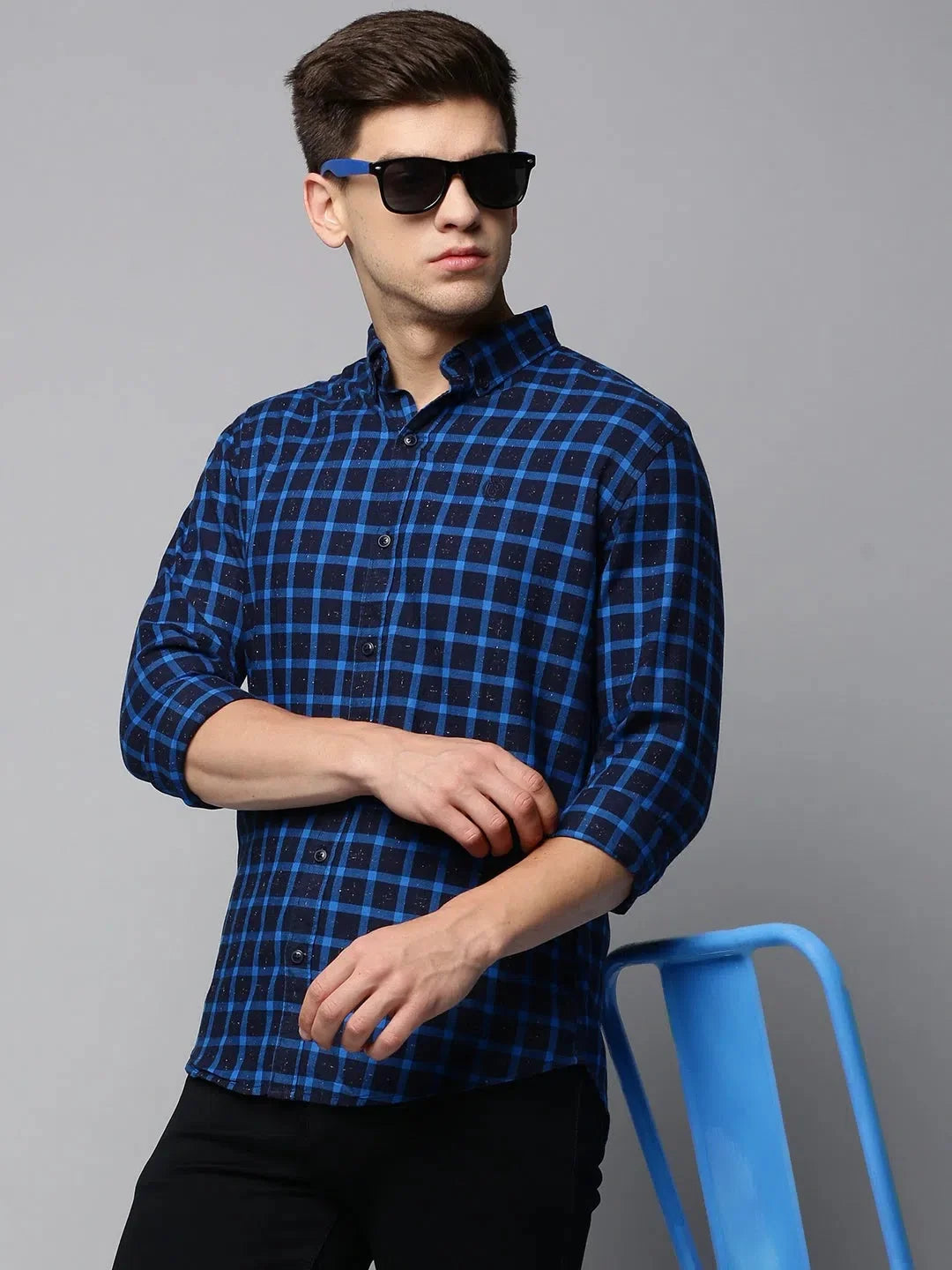 Charming Men's Navy Checked Cotton Shirt | Casual Style