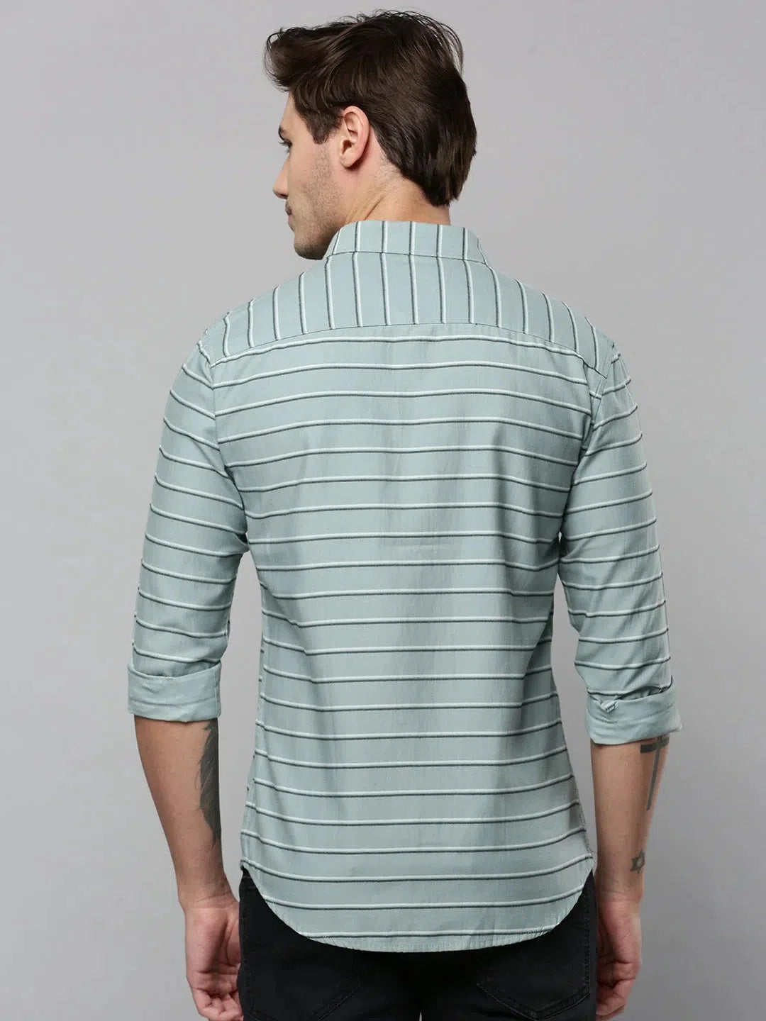 Green Striped Mens Shirt - Cotton Casual Shirt by DesiQlo