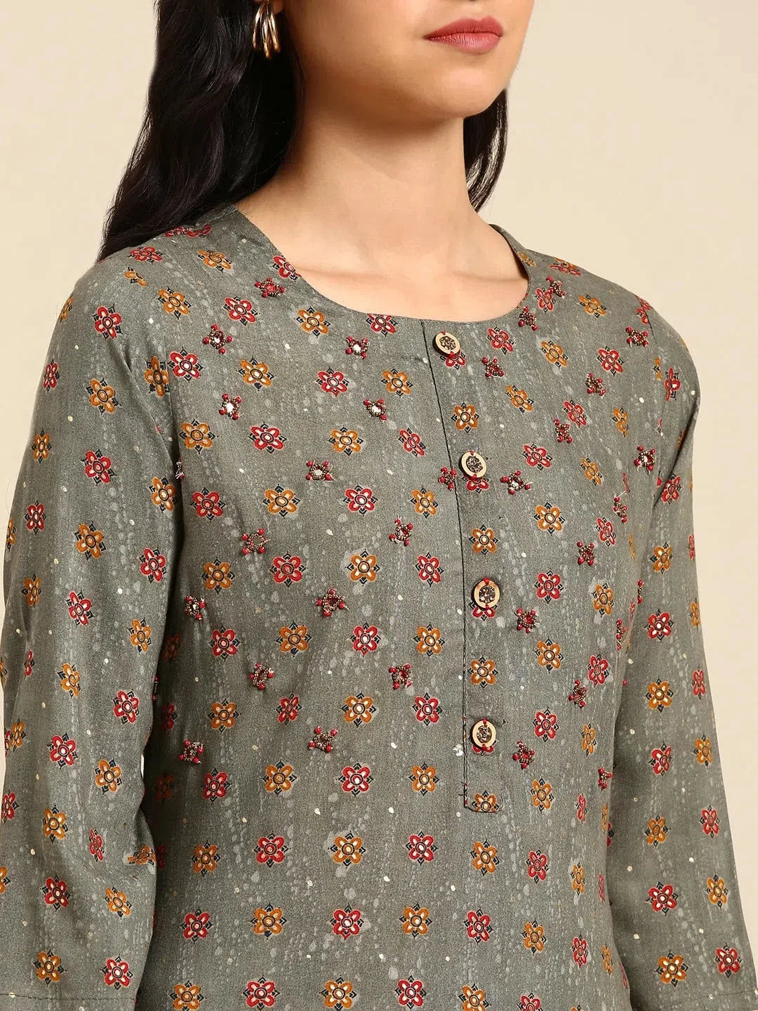 Grey Printed Cotton Kurta | Women's Indian Kurta Style