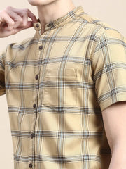 Men Beige Checked Casual Shirt-AZARICHECKS-115-Beige
