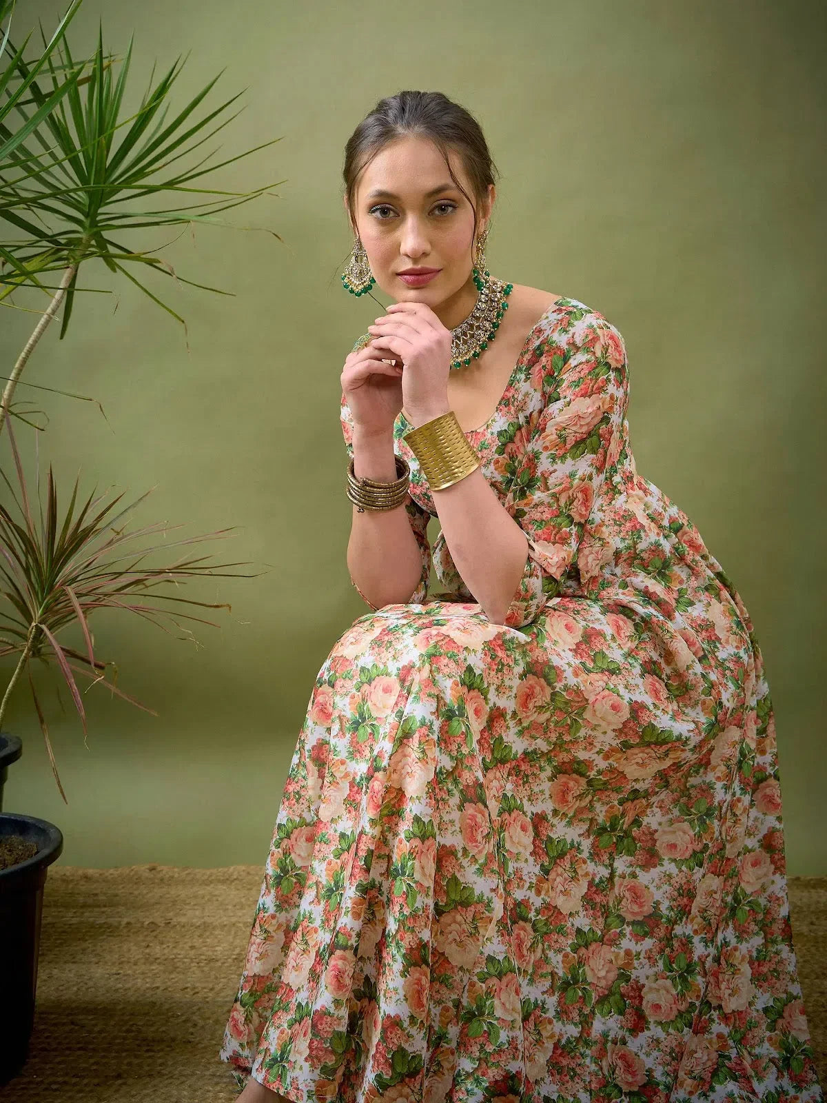 Peach Floral Anarkali Dress - Chanderi Anarkali Kurta for Women