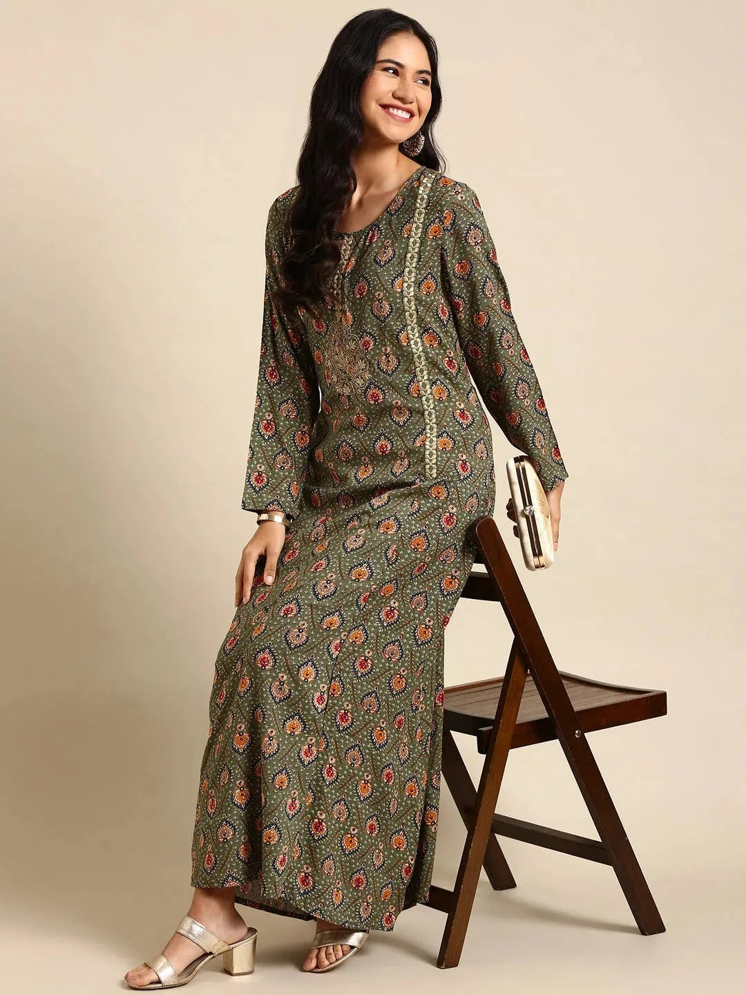 Green Printed Viscose Anarkali Kurti | DesiQlo Anarkali Dress