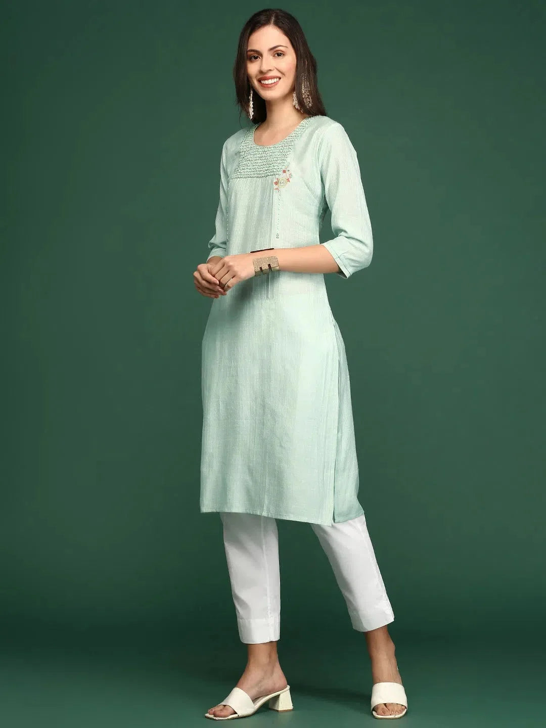 Green Embellished Cotton Indian Kurta for Women | DesiQlo