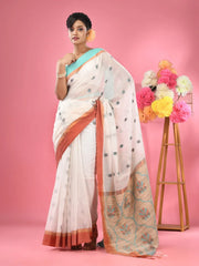 White Cotton Handspun Handwoven Saree With Jute Weaving Pallu-MA51CH431930039
