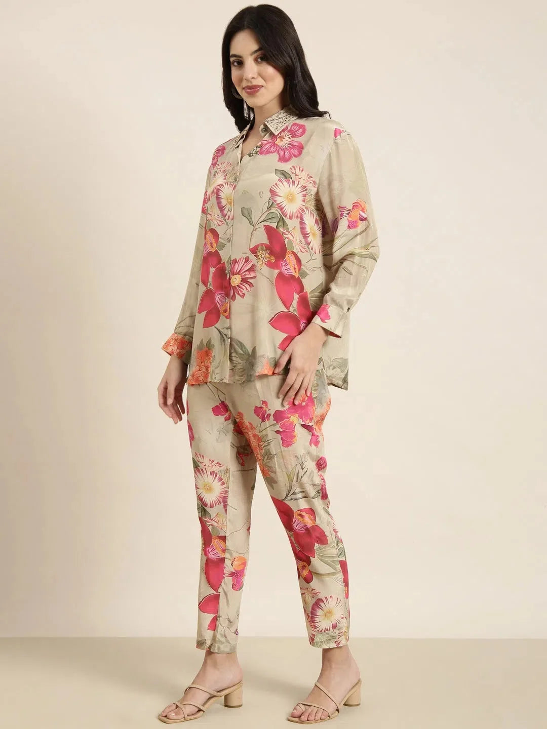 Beige Printed Shirt & Trousers Set | Women's Cotton Kurta Sets
