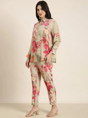 Women Oversized Beige Printed Shirt & Trousers Set-DW-5100-Beige