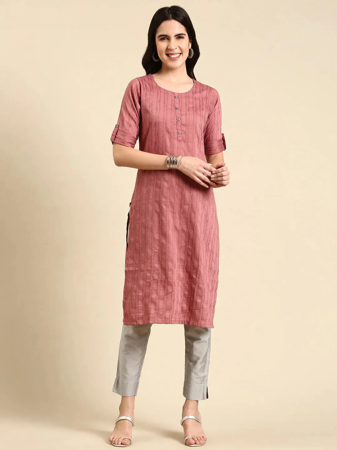 Mauve Solid Kurta - Women's Polyester Indian Kurta Ladies