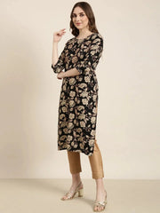 Women Straight Black Floral Kurta-HO-1463-Black