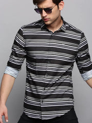 Men Green Striped Casual Shirt-LARGEPRINT-2085-Olive