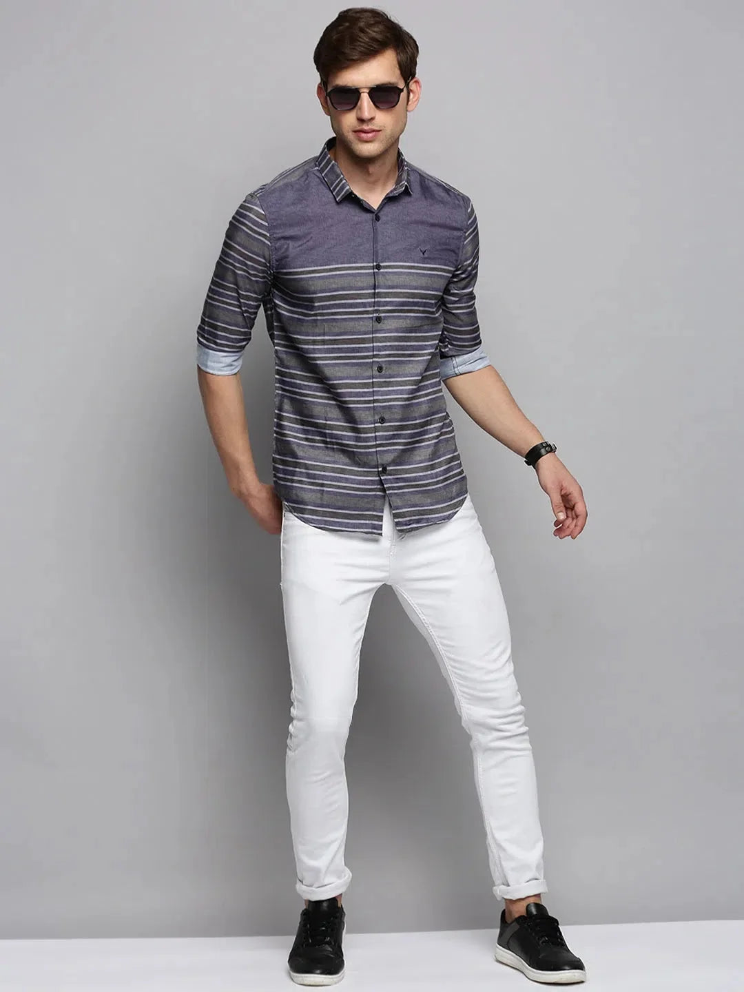 Grey Striped Cotton Mens Shirt | DesiQlo Casual Style