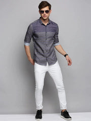 Men Grey Striped Casual Shirt-LARGEPRINT-2081-Grey