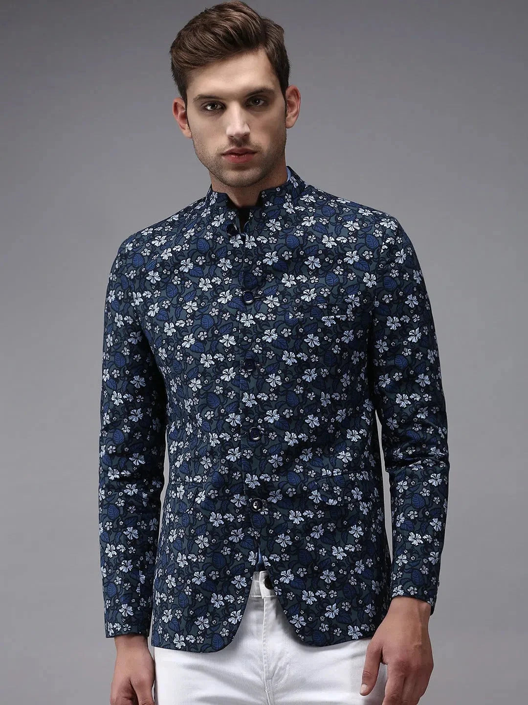 Grey Printed Blazer | Men's Ethnic Wear - DesiQlo