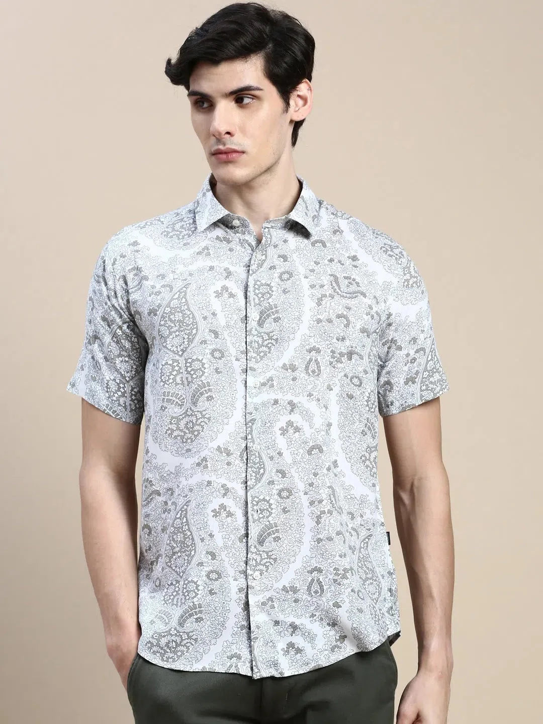 Men's Cream Floral Printed Cotton Shirt | Casual Shirts