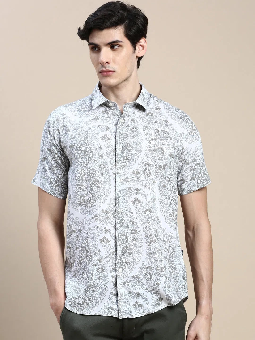 Men's Cream Floral Printed Cotton Shirt | Casual Shirts
