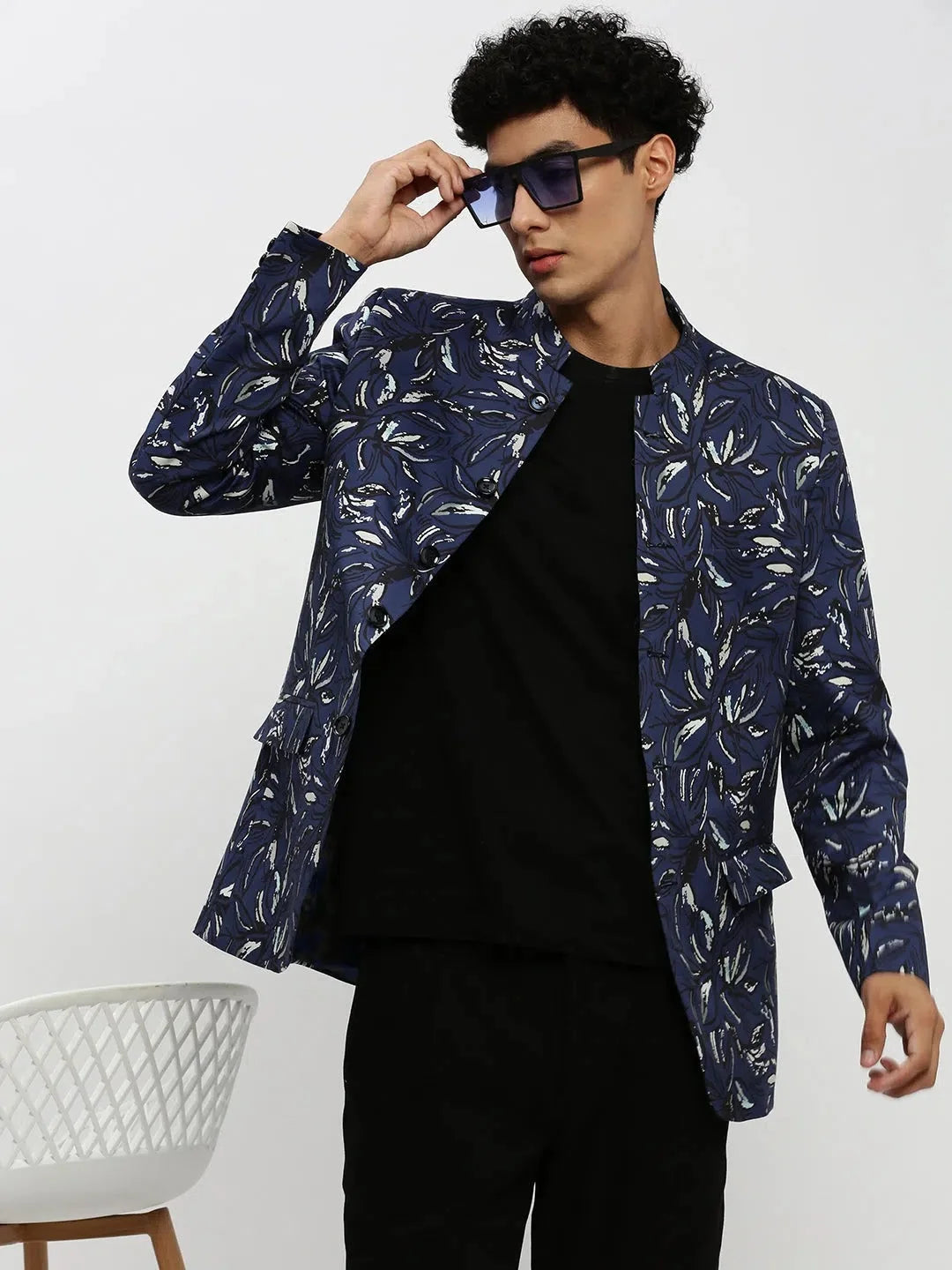 Navy Printed Blazer | Men's Ethnic Wear Collection | DesiQlo